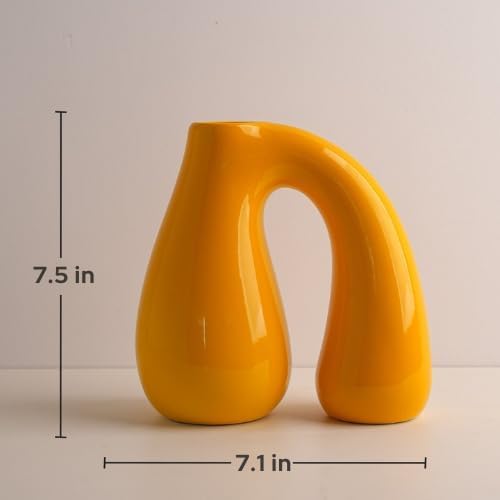 Yellow Ceramic Decorative Pitcher Vase, 7.5 in – Glossy Sculptural Arch-Handle, Modern Home Décor Accent for Fresh or Dried Floral Arrangements, Table/Shelf/Entryway, Giftable