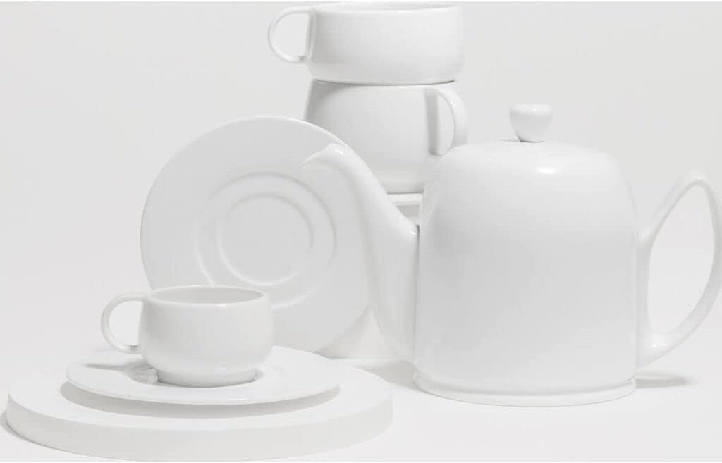 Degrenne Salam Luxury French Tea Pot - Porcelain Teapot with Stainless Steel Cover, Ceramic Tea Kettle for Loose Tea, Removable Infuser, 6 Cup Capacity, 36oz - Monochrome White