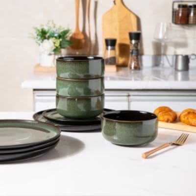 LeRatio Ceramic Dinnerware Sets for 6,Porcelain Plates and Bowls Sets,Handmade Reactive Glaze Dishes Set,Chip Resistant and Scratch Resistant | Oven&Dishwasher & Microwave Safe-Green(18PCS)