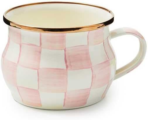MACKENZIE-CHILDS Enamel Teacup, Unique Coffee and Tea Mug, Enamel Cup for Hot Tea, 10 Ounces, Pink-and-White Rosy Check