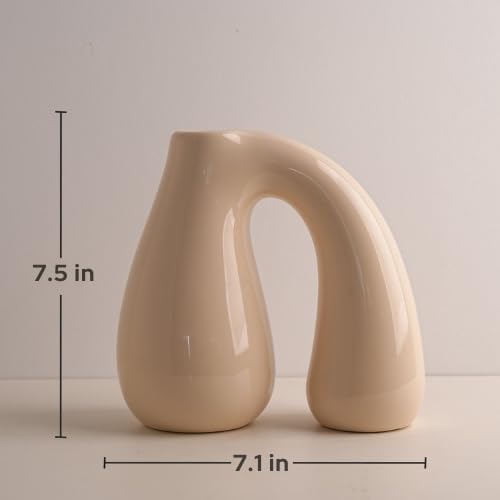 White Ceramic Decorative Pitcher Vase, 7.5 in – Glossy Sculptural Arch-Handle, Modern Home Décor Accent for Fresh or Dried Floral Arrangements, Table/Shelf/Entryway, Giftable