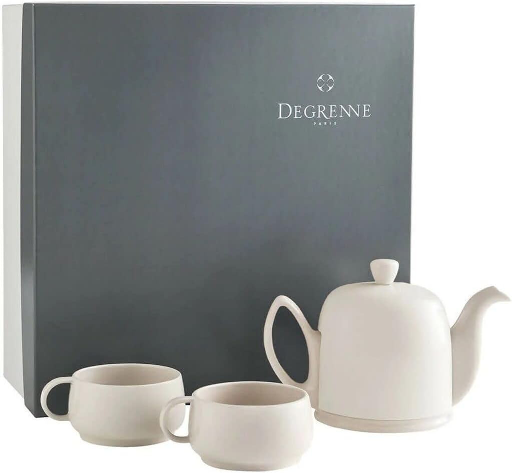 DEGRENNE Luxury French Tea Set - Porcelain Teapot Set with 2 Tea Cups, Ceramic Kettle for Loose Tea, Stainless Steel Cover, Removable Infuser - Monochrome Pink Nude