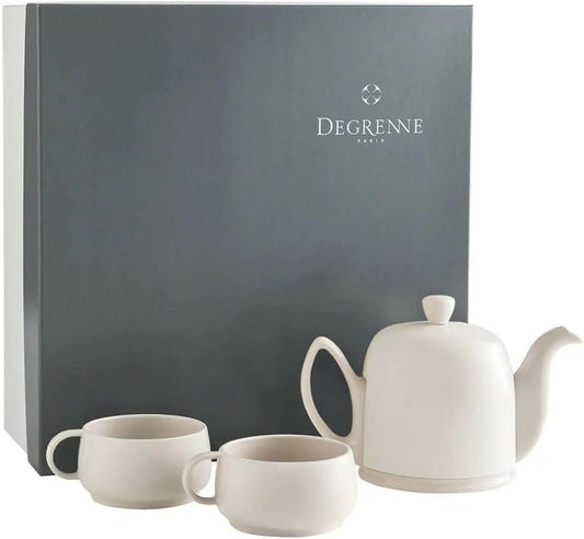 DEGRENNE Luxury French Tea Set - Porcelain Teapot Set with 2 Tea Cups, Ceramic Kettle for Loose Tea, Stainless Steel Cover, Removable Infuser - Monochrome Pink Nude