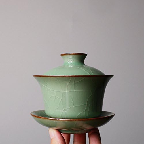 Gaiwan Kung Fu Teacups with Lid 5-Ounce Teacup and Saucer Set Glazed Crack Porcelain Chinese Celadon(Army Green Crack)