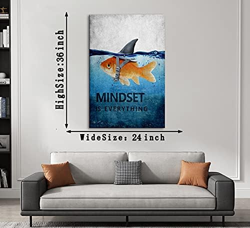 Inspiration Office Canvas Wall Art Posters Goldfish Pictures Big Shark Canvas Painting Mindset is Everything Print Poster Artwork Wooden Home Decor for Guest Room Bar Framed Ready to Hang-24¡±Wx36¡±H