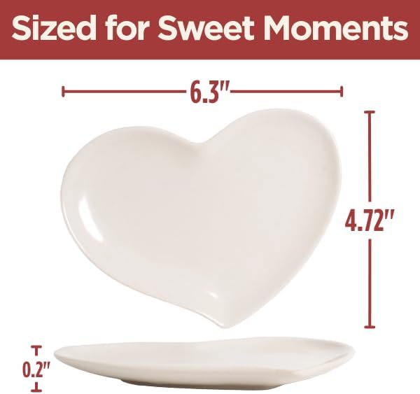 Heart Shaped Plates, Decorative White Ceramic Plates for Dessert, Appetizer, or Jewelry Display, Romantic Dinner Set for Two, Small Plate Dinnerware for Valentines Day, White Heart Decorations, 2 Pack