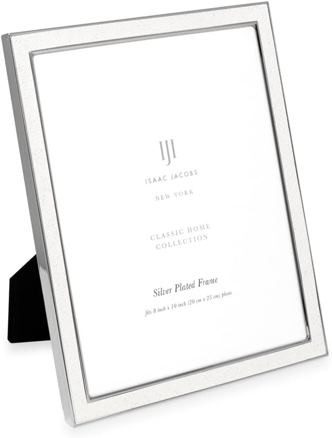 Isaac Jacobs 8x10 White Textured Leather (Vertical & Horizontal) & Silver Metal Picture Frame, with Black Fabric Easel, Wall-Mountable, Made for Tabletop, Home or Office (8x10, White W/ Silver)