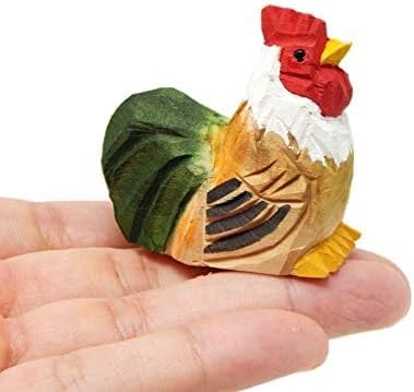 Hand-Carved Wooden Rooster Figurine - Miniature Bird Art Statue Mini Carved Ornament Figurine Small Farm Animal, Rustic Carved Bird SculptureOrnament & Collectible Country Decor