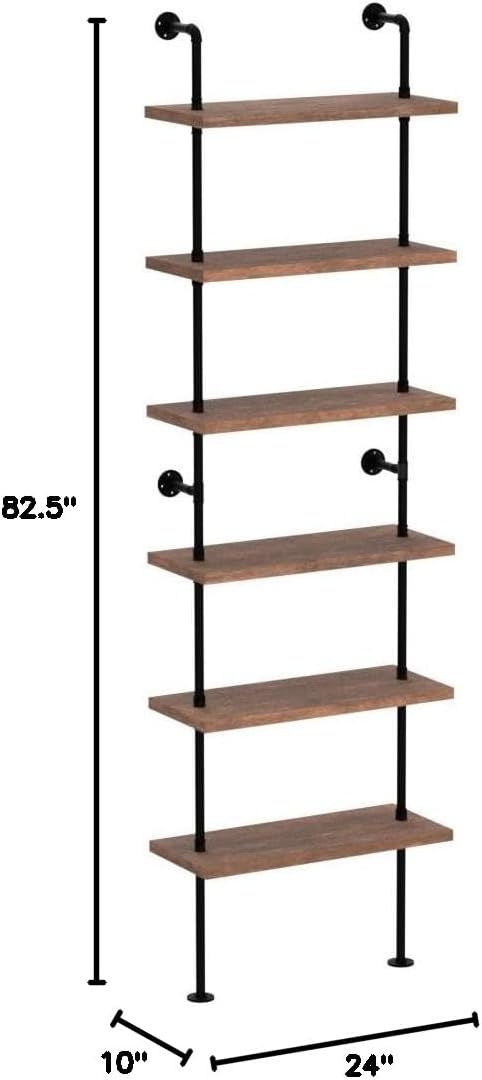 Industrial Ladder Pipe Shelves, Wall Mounted Rustic Bookshelf, Retro Metal Wood Bookcases (Weathered Brown, 6 Tier - 10" D x 24" W x 82.5" H)