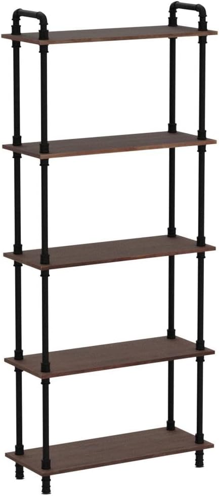 Industrial Bookshelves, Wood Pipe Bookshelf, 5 Shelf Rustic Display Storage Tall Standing Shelf Bookcase for Living Room, Kitchen, Office (Weathered Brown, 29.5" L x 11.8" W x 70" H)
