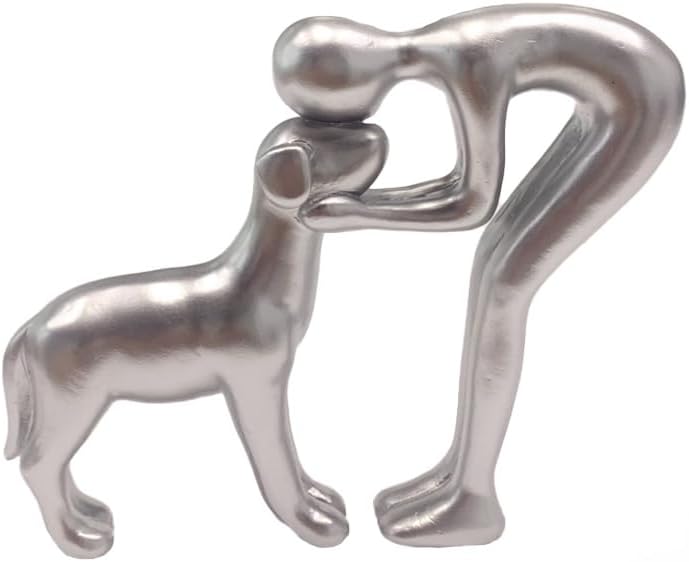 Dog Statues Home Decor Funny Man and Dog Sculpture Decorations for Home Bedroom Living Room Tabletop Bookshelf, Hand-Painted Resin Dogs Memorial Gifts Figurines for Pet Lovers, Silver
