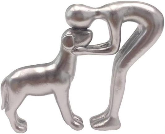 Dog Statues Home Decor Funny Man and Dog Sculpture Decorations for Home Bedroom Living Room Tabletop Bookshelf, Hand-Painted Resin Dogs Memorial Gifts Figurines for Pet Lovers, Silver