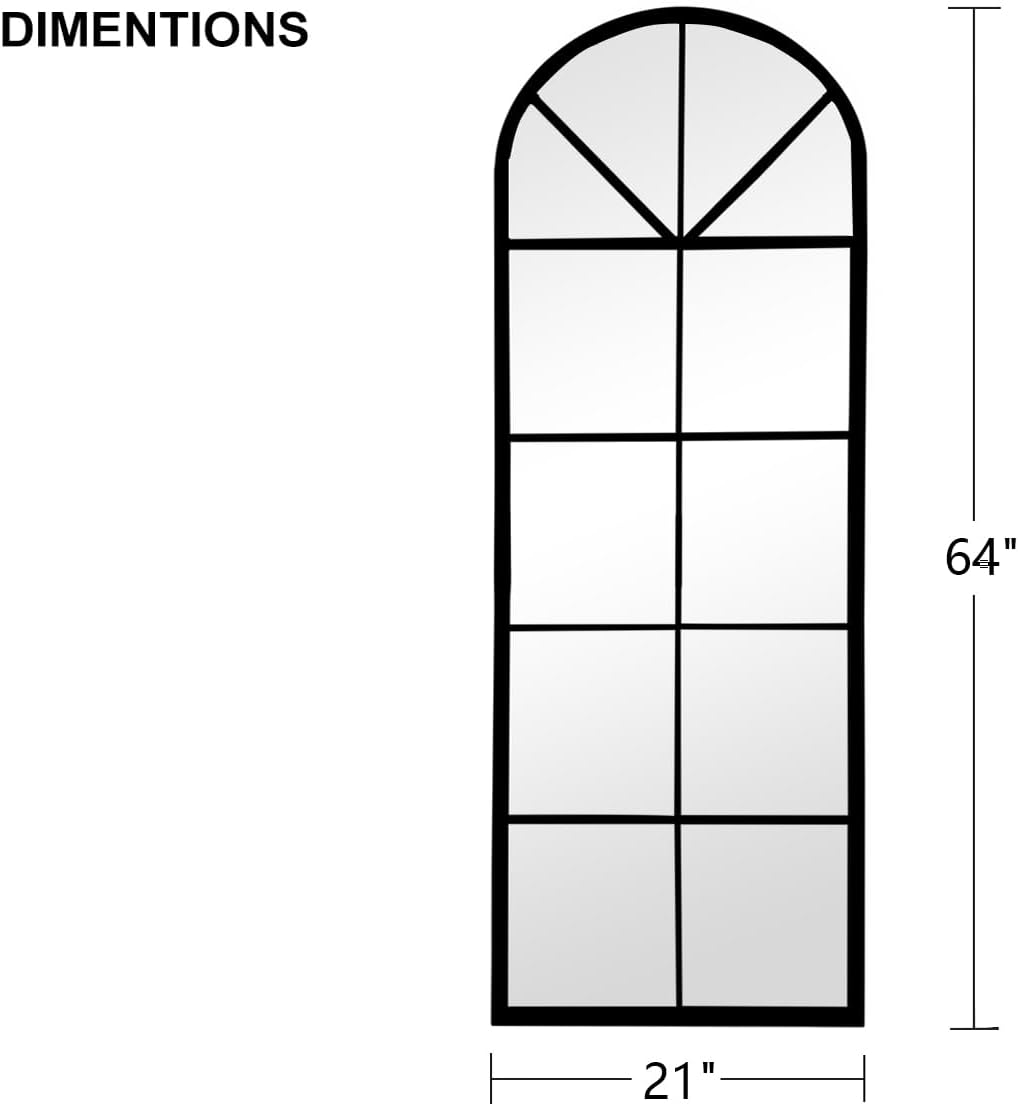 Full Length Mirror, Black Floor Mirror, 64"x21" Arched Window Pane Mirror, Oversize Wall Mirrors, Farmhouse Standing Mirrors with Aluminum Frame Hanging or Leaning for Living Room, No Stand