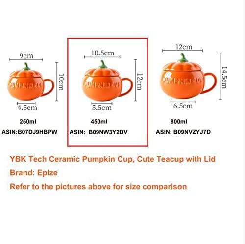 YBK Tech Cute Pumpkin Cup, Ceramic Coffee Mug, Tea Cup with Lid and Spoon (15.5oz)