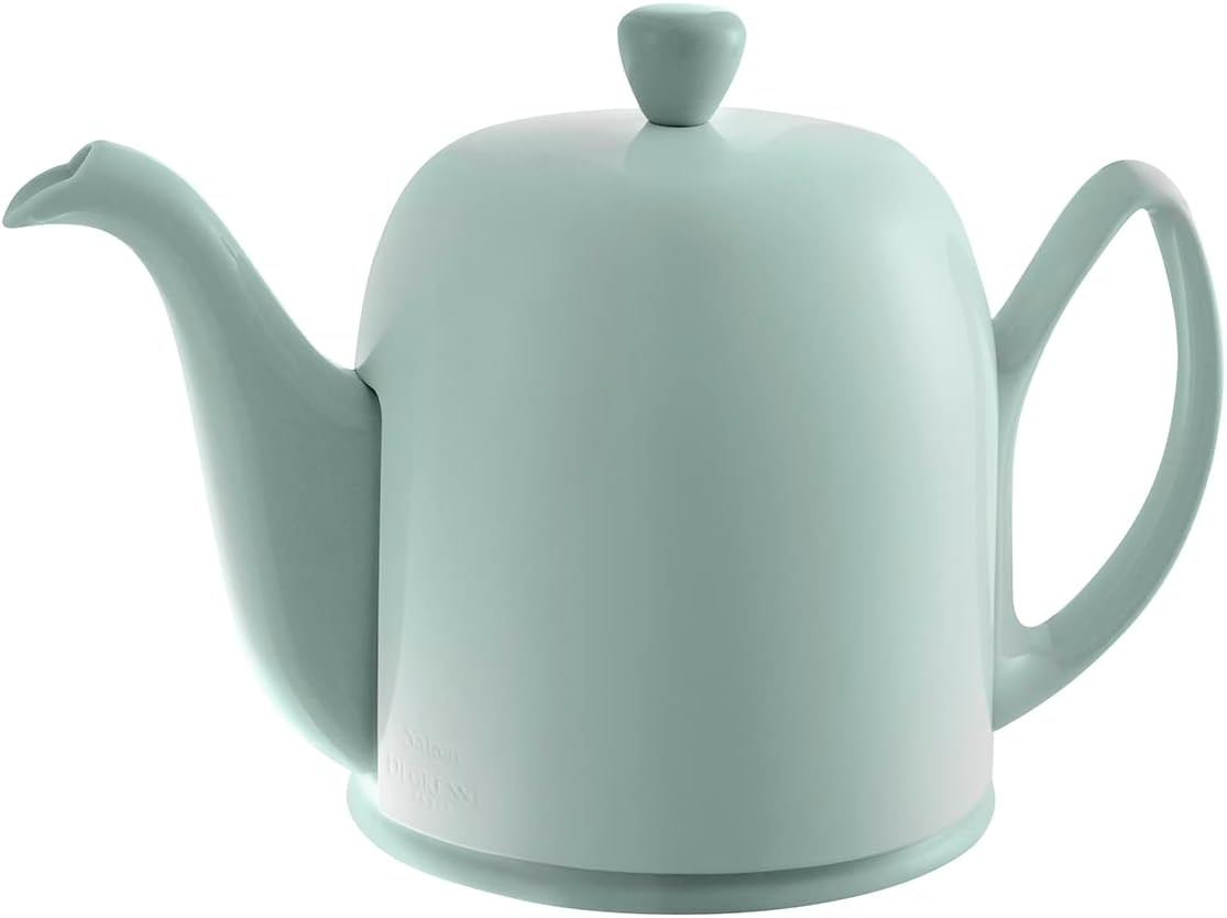 Degrenne Salam Luxury French Tea Pot - Porcelain Teapot with Stainless Steel Cover, Ceramic Tea Kettle for Loose Tea, Removable Infuser, 6 Cup Capacity, 36oz - Monochrome Green Almond