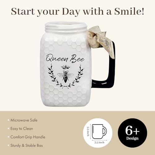 Young's Inc Ceramic Coffee Mug, Bee Print Mason Jar Cups for Tea, Coffee, Cold Drinks, Gift for coffee Lovers, Birthday, Microwave-Safe Dishwasher Safe Kitchen Decor