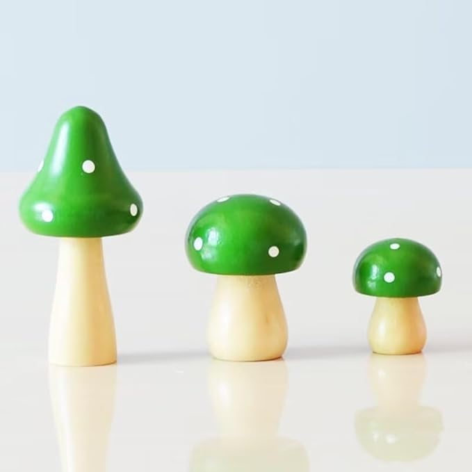 3Pcs Mushroom Decor Wooden Mini Figures Fairy Garden Accessories 2.9in 1.8in 1.2in Cute Miniature Mushrooms Home Decor for Bedroom Office Bonsai Fairy Garden Green
