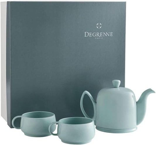 DEGRENNE Luxury French Tea Set - Porcelain Teapot Set with 2 Tea Cups, Ceramic Kettle for Loose Tea, Stainless Steel Cover, Removable Infuser - Monochrome Almond Green