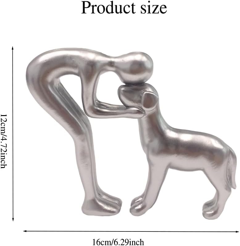 Human and Dog Statue Decoration, Cute Pet Sculpture Home Decor Tabletop Ornament Figurines Office Living Room Bedroom Home, for Dog Lovers Friends Family Decoration, Silver Color