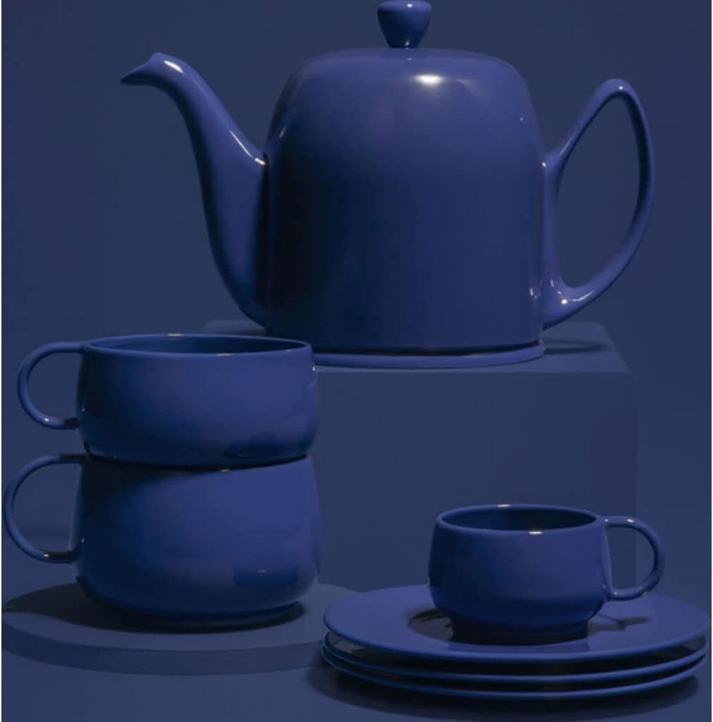 Degrenne Salam Luxury French Tea Pot - Porcelain Teapot with Stainless Steel Cover, Ceramic Tea Kettle for Loose Tea, Removable Infuser, 6 Cup Capacity, 36oz - Monochrome Blue