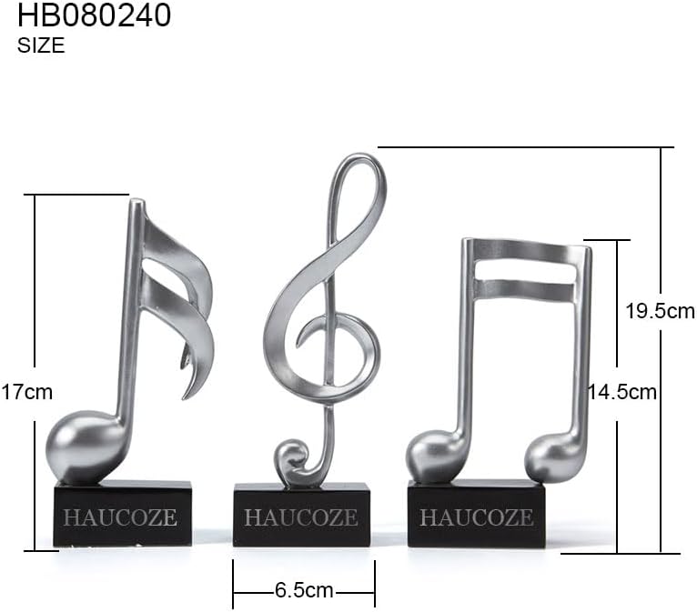HAUCOZE 3pcs Music Note Decor Musical Decoration Gifts Table Centerpiece Sculpture Piano Statue Silver 7.5 inch