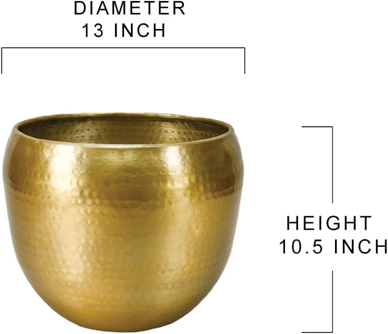 Serene Spaces Living Brass-Look Aluminum Cachepot: Handcrafted in India, Elegant Wedding & Home Decor, Vintage Planter for Indoor Plants, Flowers, Table Centerpieces, Small, 13" Diameter & 10.5" Tall