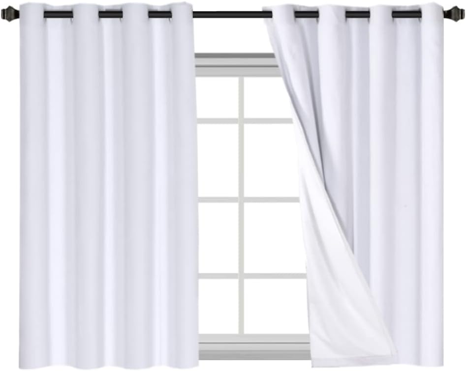 H.VERSAILTEX Linen Blackout Curtains 45 Inches Long 100% Blackout Thermal Insulated Textured Linen Look Curtain Draperies Anti-Rust Grommet, Energy Saving with White Liner, 2 Panels, Bright White