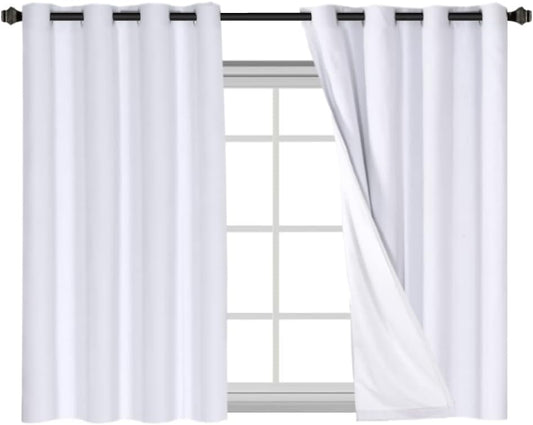 H.VERSAILTEX Linen Blackout Curtains 45 Inches Long 100% Blackout Thermal Insulated Textured Linen Look Curtain Draperies Anti-Rust Grommet, Energy Saving with White Liner, 2 Panels, Bright White