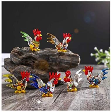 HDCRYSTALGIFTS 6pcs Glass Rooster Chicken Figurine Country Kitchen Decoration Style Miniature Hand Blown Cock Collectible Figure Gifts for Women