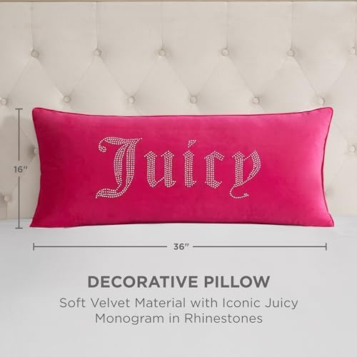 Juicy Couture Rectangle 1-Piece Decorative Accent, Premium Reversible Throw Pillow, Living Room and Bedroom Décor, 16"x36", Velvet Rhinestone Hot Pink