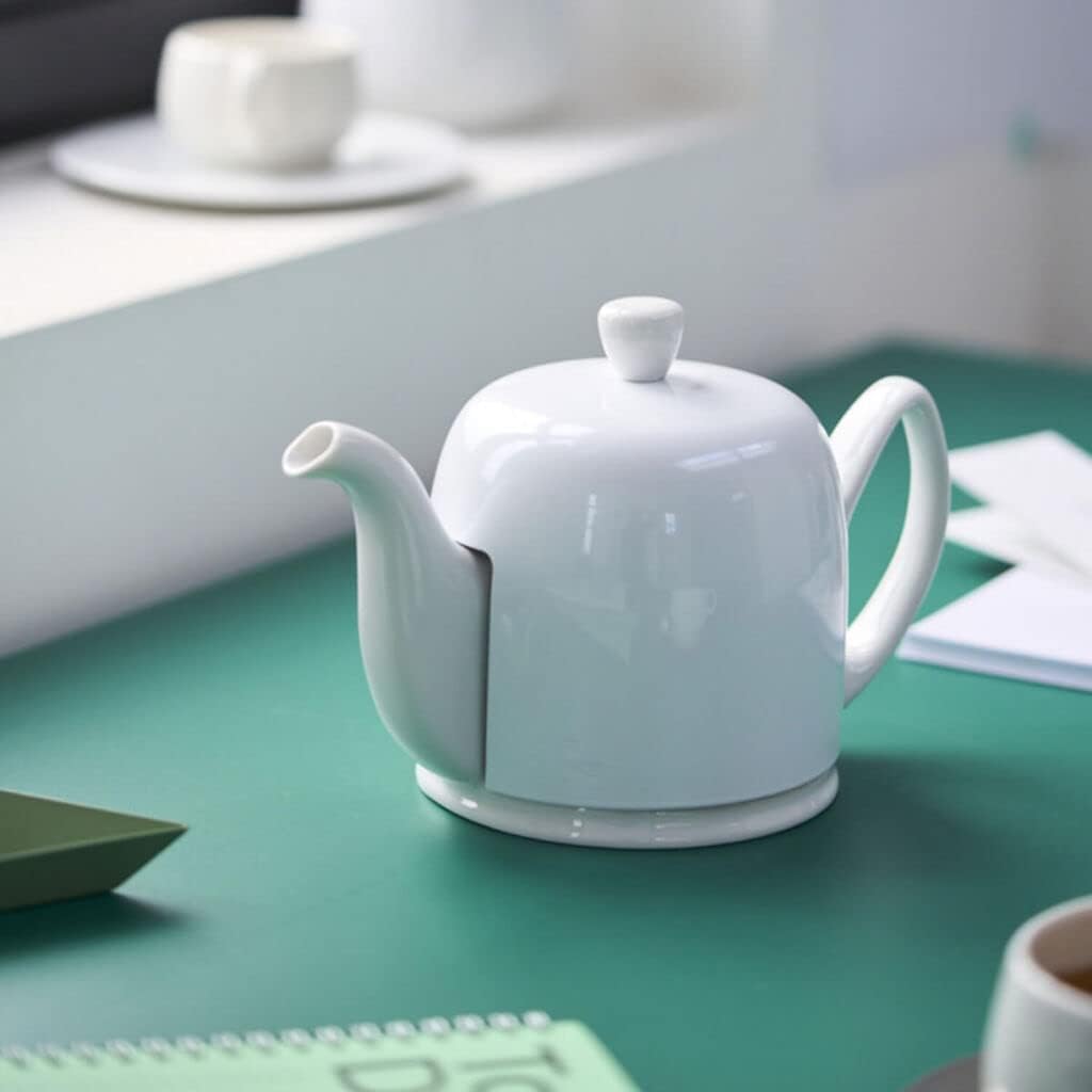 Degrenne Salam Luxury French Tea Pot - Porcelain Teapot with Stainless Steel Cover, Ceramic Tea Kettle for Loose Tea, Removable Infuser, 4 Cup Capacity, 24oz - Monochrome White