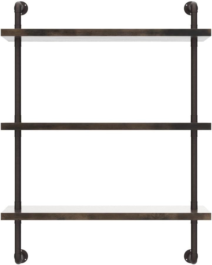 Industrial Pipe Shelf Wall Mounted, Rustic Wood Floating Shelves, 3 Tier Wall Display Bookshelf, Storage Rack Sundries Holder for Kitchen Office Bathroom Organization and Home Decor (24inch x 2)