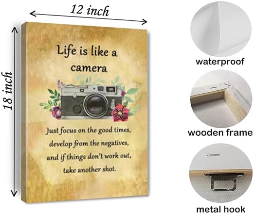 Life is Like a Camera Wall Art Master Motivational Poster Inspirational Print Gift for Photographer，Friend Wall Decor for Home for Home Décor Office Encouraging Quotes Sayings Framed 12 * 18 Inch