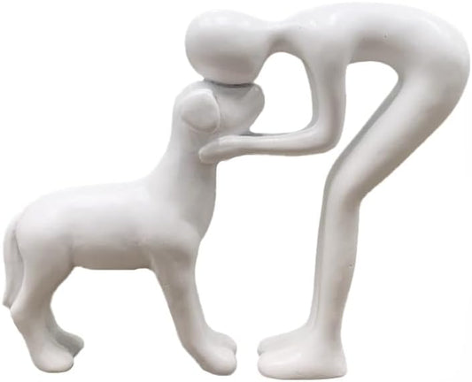 Dog Statues Home Decor Funny Man and Dog Sculpture Decorations for Home Bedroom Living Room Tabletop Bookshelf, Hand-Painted Resin Dogs Memorial Gifts Figurines for Pet Lovers, White