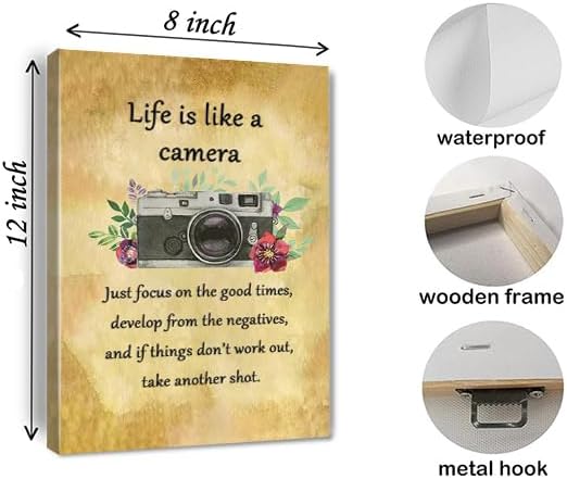 Life is Like a Camera Wall Art Master Motivational Poster Inspirational Print Gift for Photographer，Friend Wall Decor for Home for Home Décor Office Encouraging Quotes Sayings Framed 8 * 12 Inch
