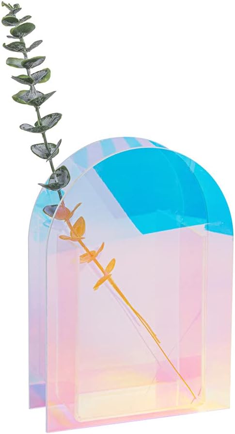 Iridescent Acrylic Vase for Artificial Flower Fake Eucalyptus Plant Leaves Office Home Decor Contemporary Tabletop Minimalist Geometric Mini Decoration Make Up Brushes Organizer Holder（RainbowShort）