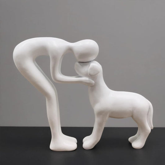 Human and Dog Statue Decoration, Cute Pet Sculpture Home Decor Tabletop Ornament Figurines Office Living Room Bedroom Home, for Dog Lovers Friends Family Decoration, White Color