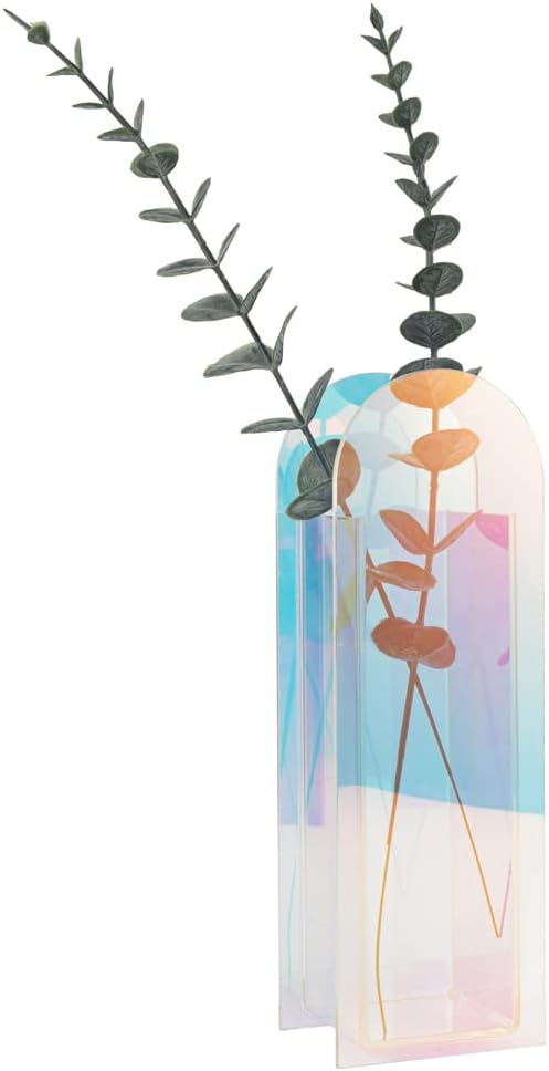 Iridescent Acrylic Vase for Artificial Flower Fake Eucalyptus Plant Leaves Office Home Decor Contemporary Tabletop Minimalist Geometric Mini Decoration Make Up Brushes Organizer Holder, Rainbowtall