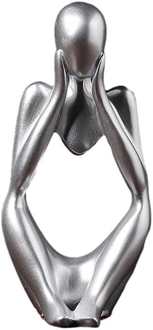Creative Resin Thinker Minimal Abstract Art Sculpture Statue Figurines Home Office Bookshelf Desktop Decor (Silver, Focus, Small)