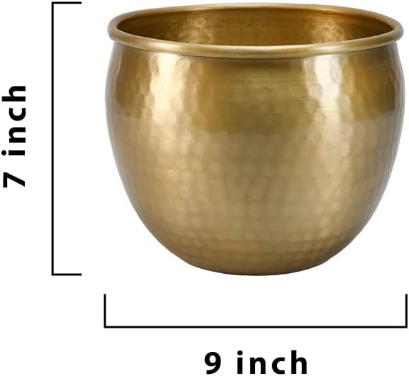 Serene Spaces Living Gold Brass Look Vintage Aluminum Vase - Perfect Decorative Accent for Plants, Weddings, and Events, Metallic Pot for Home, Medium, Measures 9" Diameter and 7" Tall