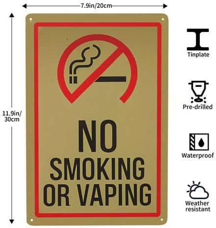 No Smoking or Vaping Metal Sign 8x12 Inch - Retro Wall-Mounted Durable Tin Sign with Pre-Drilled Holes, Easy Install for Home, Office, Bar, Restaurant Farmhouse & Americana Decor