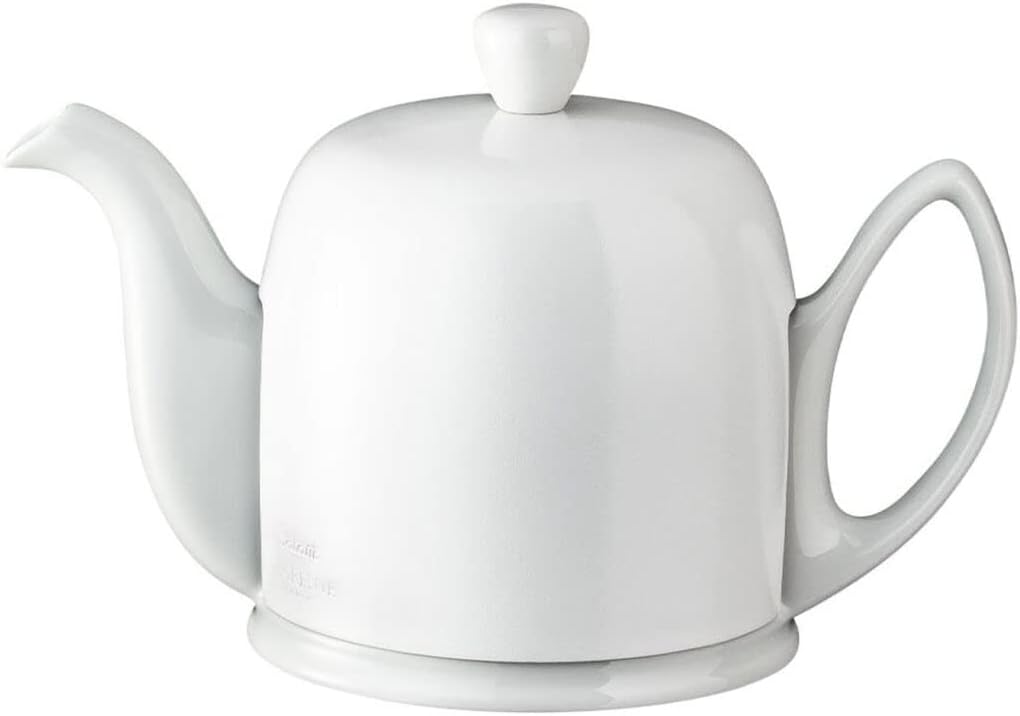 Degrenne Salam Luxury French Tea Pot - Porcelain Teapot with Stainless Steel Cover, Ceramic Tea Kettle for Loose Tea, Removable Infuser, 4 Cup Capacity, 24oz - Monochrome White