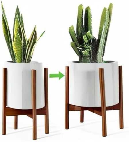 MUDEELA 14.5 Inch Tall Plant Stand for Indoor, Adjustable Width Bamboo Plant Stand for 8 9 10 11 12 Inches Pot, Single Tier Planter Holder Floor Stand, Mid Century Modern Style, Dark Brown, Without Pot