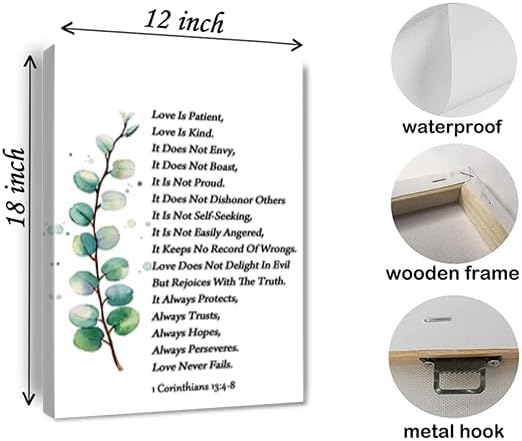 Love Is Patient Love Is Kind Wall Art 1 Corinthians 13 4-8 Canvas Print Positive Bible Verse Poster Scripture Painting Ready to Hang Home Office，Living Room，or Personal Space Framed 12 * 18 Inch