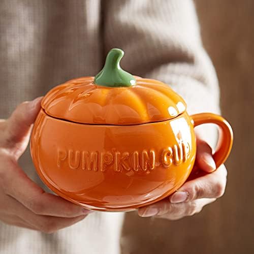 YBK Tech Cute Pumpkin Cup, Ceramic Coffee Mug, Tea Cup with Lid and Spoon (27.5oz)