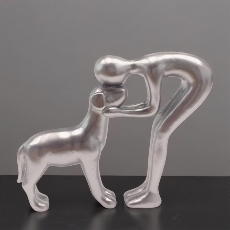 Human and Dog Statue Decoration, Cute Pet Sculpture Home Decor Tabletop Ornament Figurines Office Living Room Bedroom Home, for Dog Lovers Friends Family Decoration, Silver Color