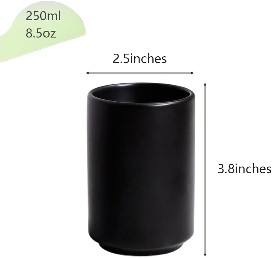 Japanese Ceramic Tea Cups, Handleless Ceramic Mugs, Simple Coffee Mugs, Solid Color Matte Glazed Tea Cups, Cups for Couples (Black)