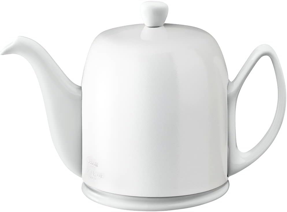 Degrenne Salam Luxury French Tea Pot - Porcelain Teapot with Stainless Steel Cover, Ceramic Tea Kettle for Loose Tea, Removable Infuser, 6 Cup Capacity, 36oz - Monochrome White