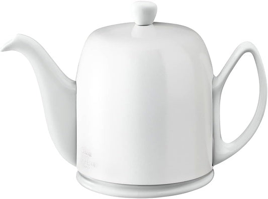 Degrenne Salam Luxury French Tea Pot - Porcelain Teapot with Stainless Steel Cover, Ceramic Tea Kettle for Loose Tea, Removable Infuser, 6 Cup Capacity, 36oz - Monochrome White