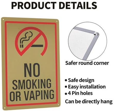 No Smoking or Vaping Metal Sign 8x12 Inch - Retro Wall-Mounted Durable Tin Sign with Pre-Drilled Holes, Easy Install for Home, Office, Bar, Restaurant Farmhouse & Americana Decor